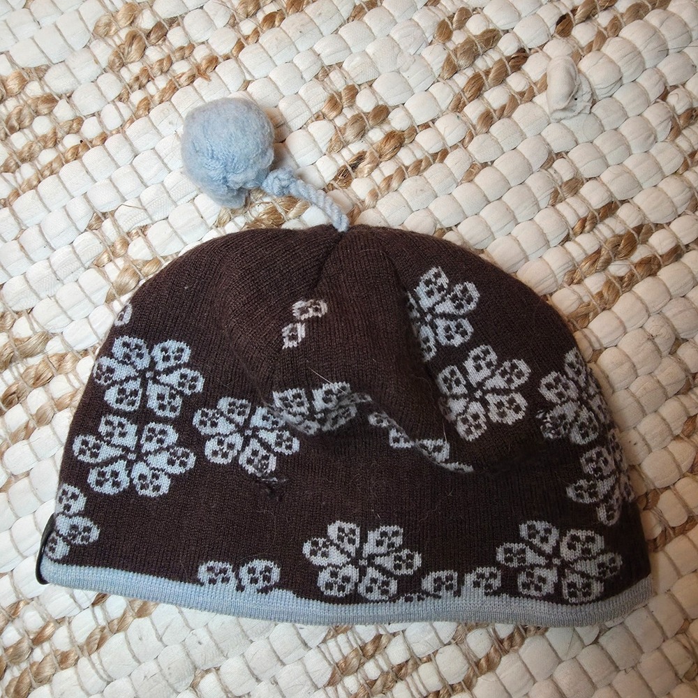 Smartwool Womens Beanie Hat Brown Blue 100% Merino Wool Knit Pom Pom Floral Warm